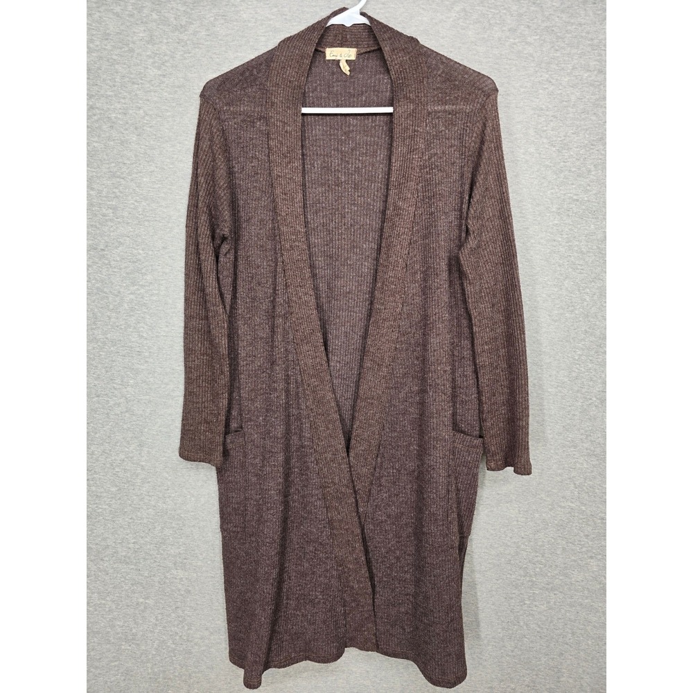 Emi & Joe Womens Brown Ribbed Knit Open Front Duster Cardigan Sweater Medium